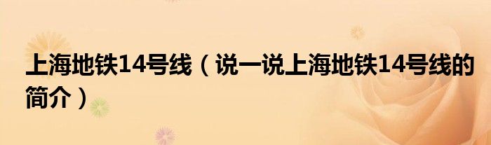 上海地铁14号线（说一说上海地铁14号线的简介）