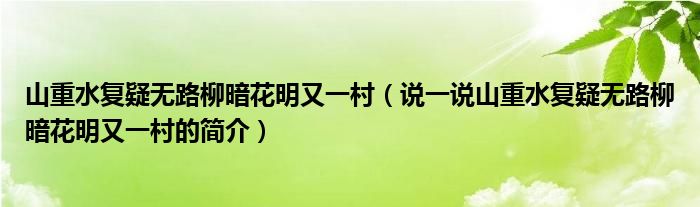 山重水复疑无路柳暗花明又一村（说一说山重水复疑无路柳暗花明又一村的简介）