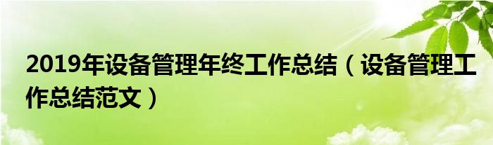 2019年设备管理年终工作总结（设备管理工作总结范文）