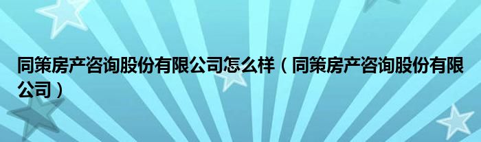 同策房产咨询股份有限公司怎么样（同策房产咨询股份有限公司）