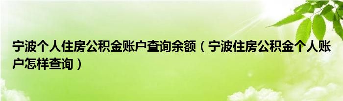 宁波个人住房公积金账户查询余额（宁波住房公积金个人账户怎样查询）