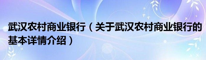 武汉农村商业银行（关于武汉农村商业银行的基本详情介绍）