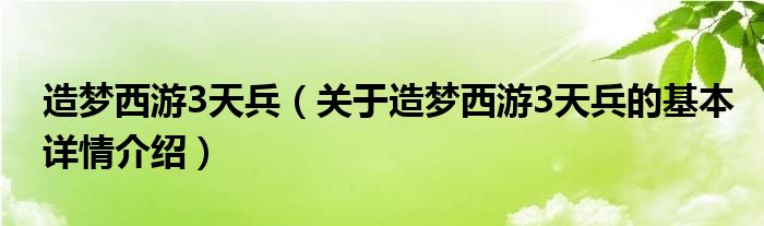 造梦西游3天兵（关于造梦西游3天兵的基本详情介绍）