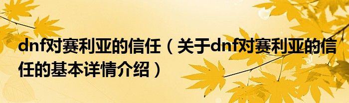 dnf对赛利亚的信任（关于dnf对赛利亚的信任的基本详情介绍）