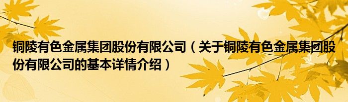 铜陵有色金属集团股份有限公司（关于铜陵有色金属集团股份有限公司的基本详情介绍）