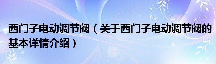 西门子电动调节阀（关于西门子电动调节阀的基本详情介绍）