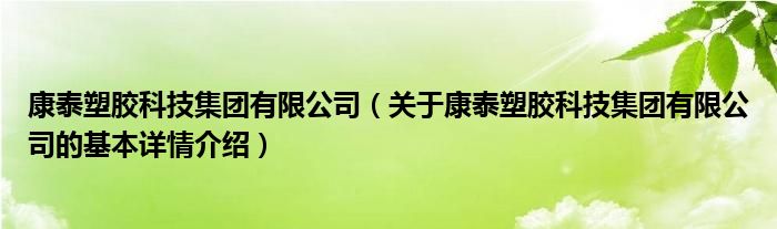 康泰塑胶科技集团有限公司（关于康泰塑胶科技集团有限公司的基本详情介绍）