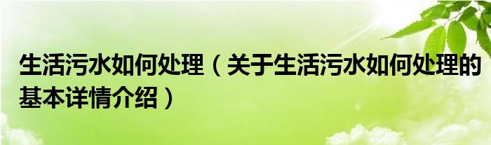 生活污水如何处理（关于生活污水如何处理的基本详情介绍）