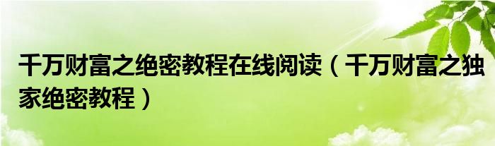 千万财富之绝密教程在线阅读（千万财富之独家绝密教程）